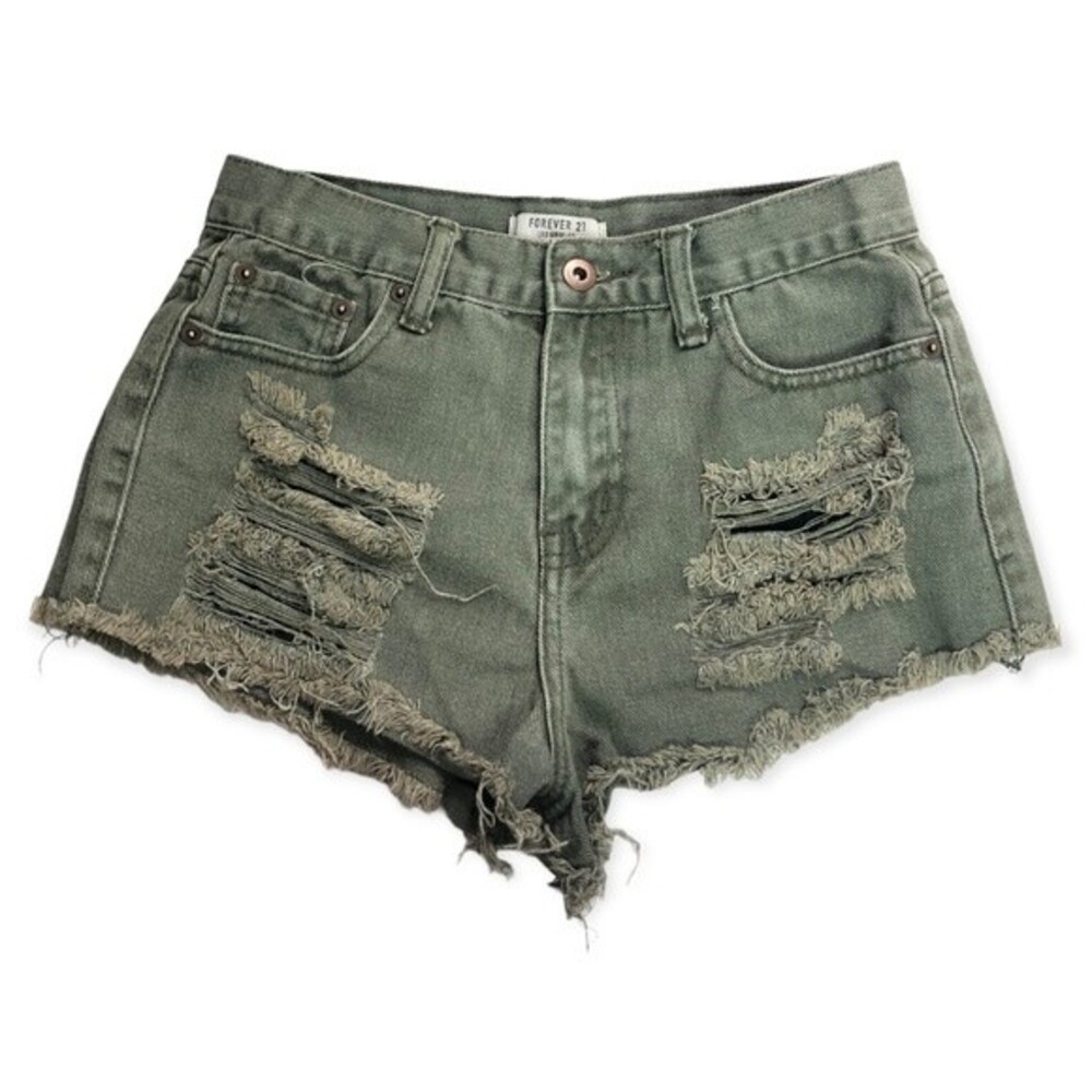 Forever 21 Distressed High Rise Raw Hem Olive Green Denim Shorts
